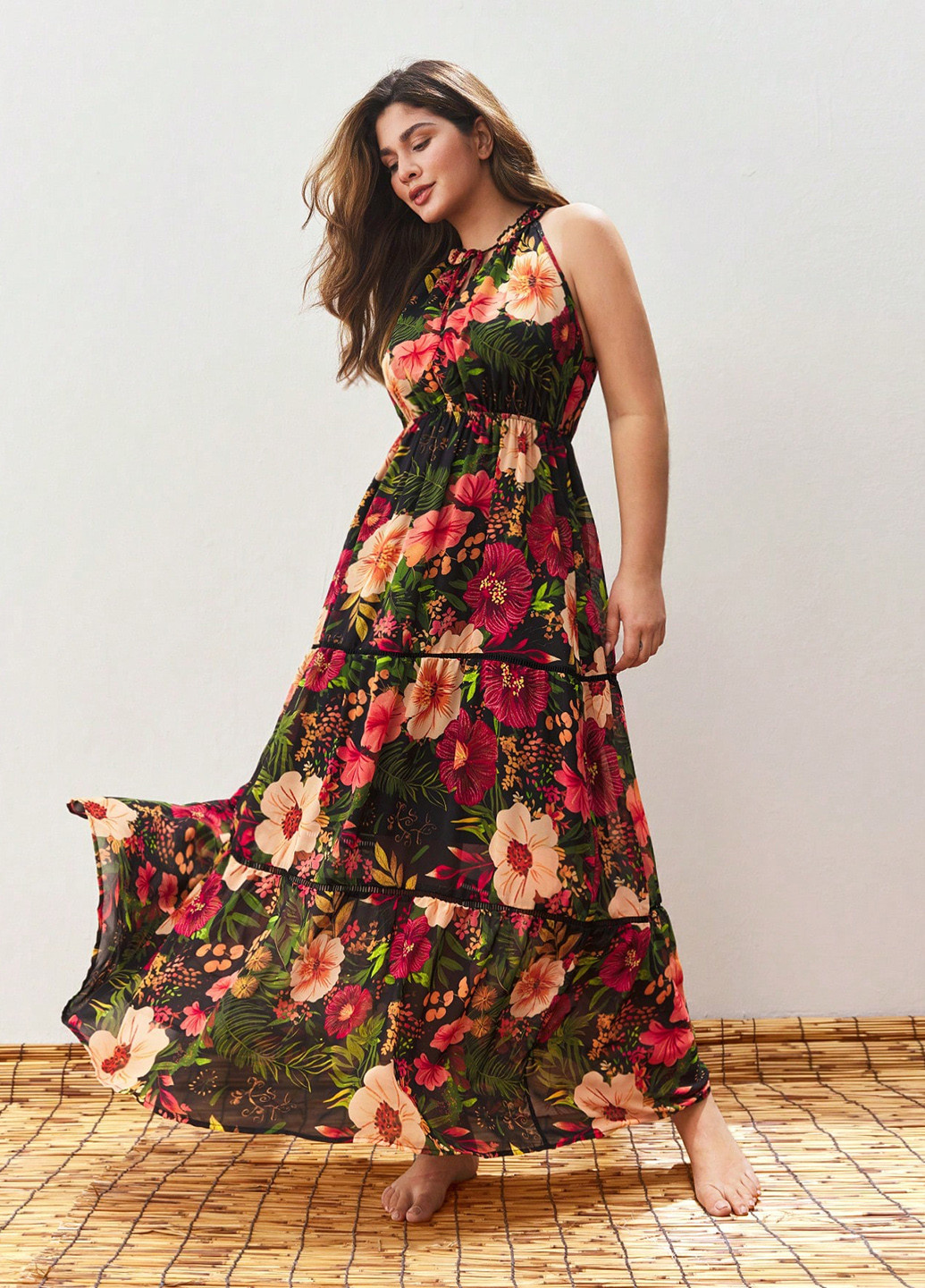 Комбинированное кэжуал платье а-силуэт SHEIN с цветочным принтом