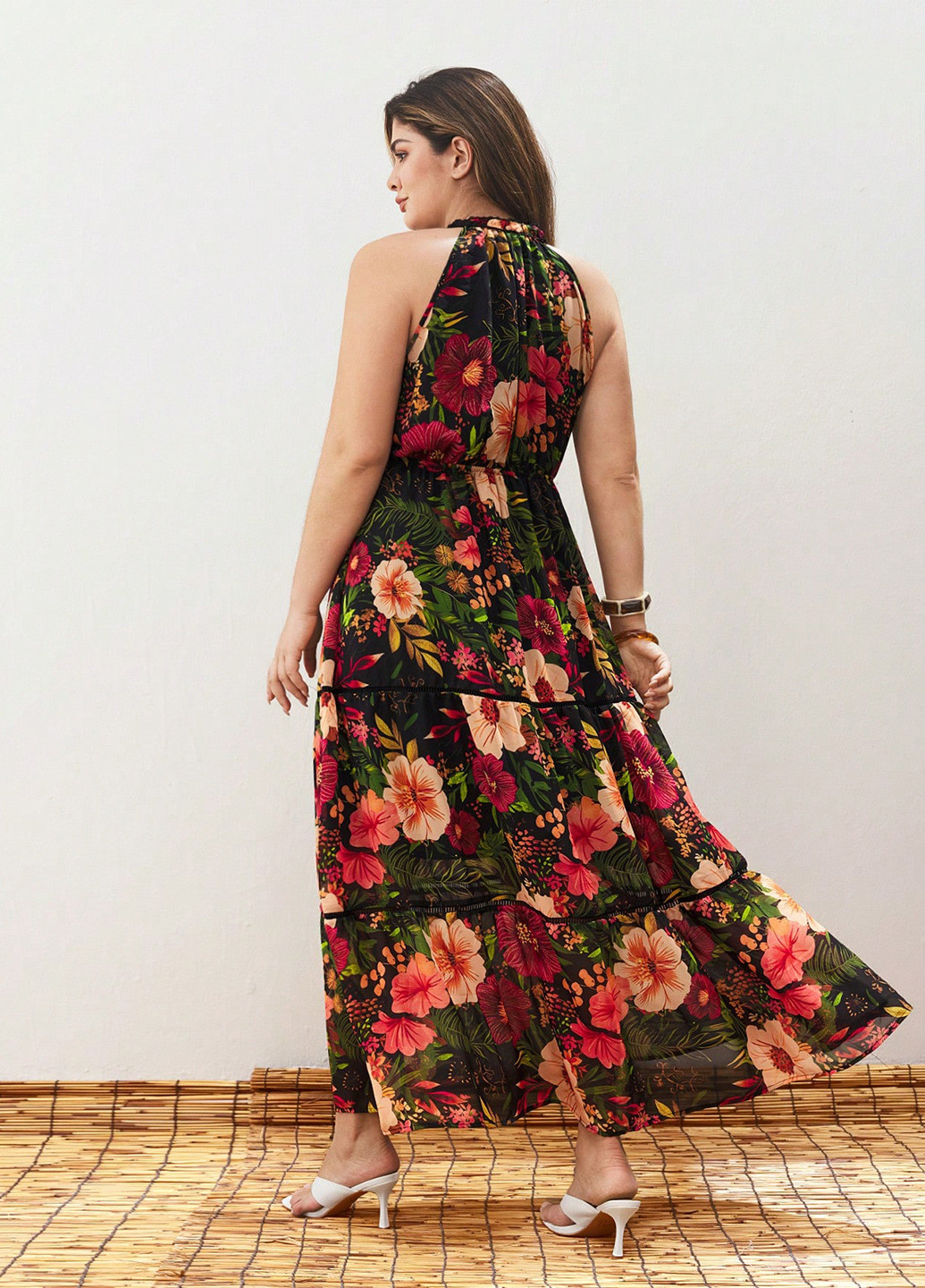 Комбинированное кэжуал платье а-силуэт SHEIN с цветочным принтом