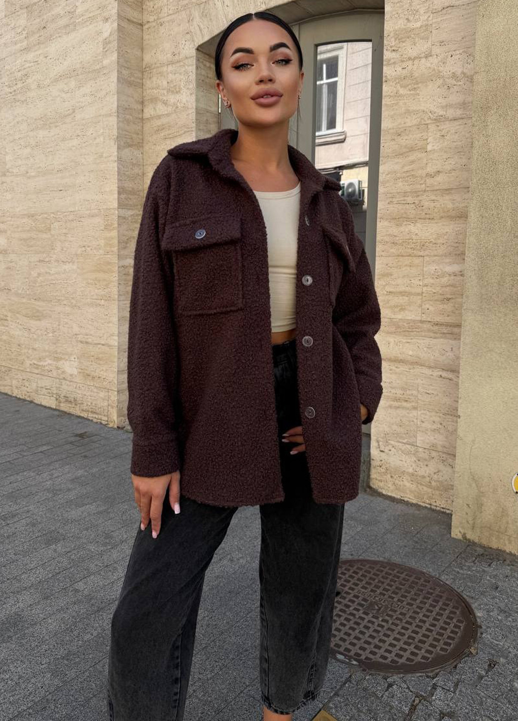 Коричневая кэжуал рубашка однотонная No Brand