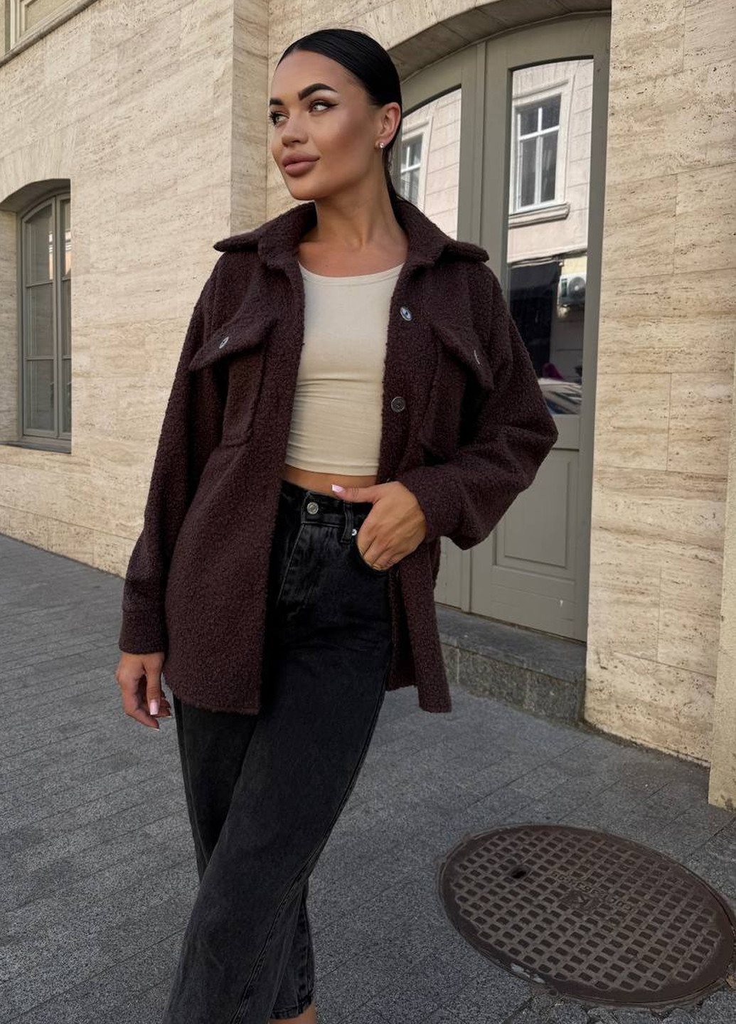 Коричневая кэжуал рубашка однотонная No Brand