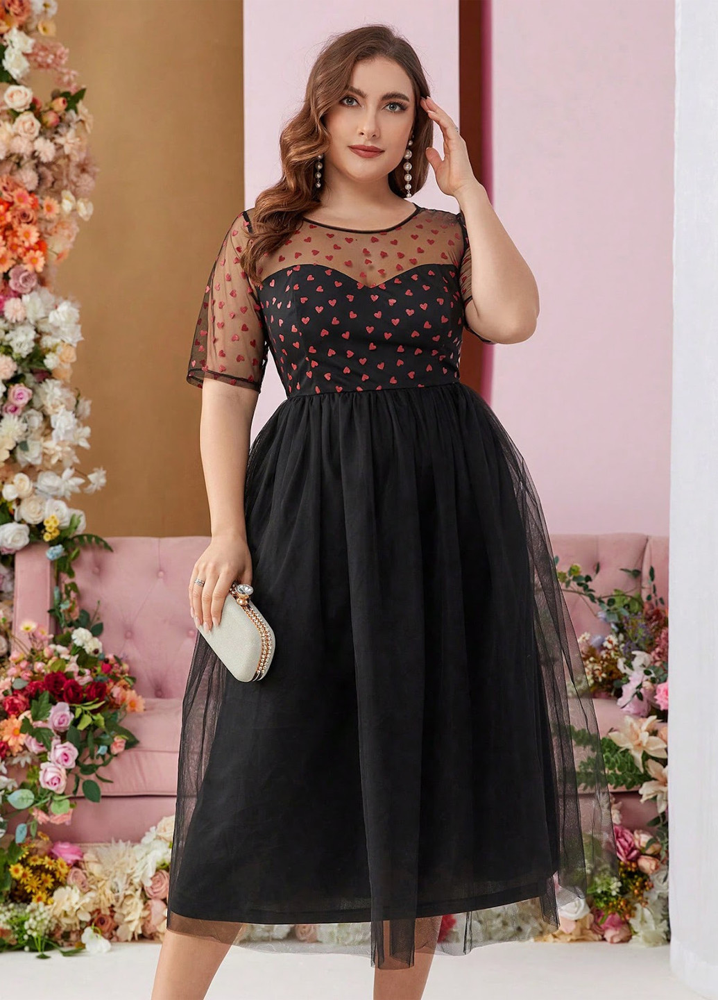 Черное праздничный, коктейльное платье клеш SHEIN сердечки