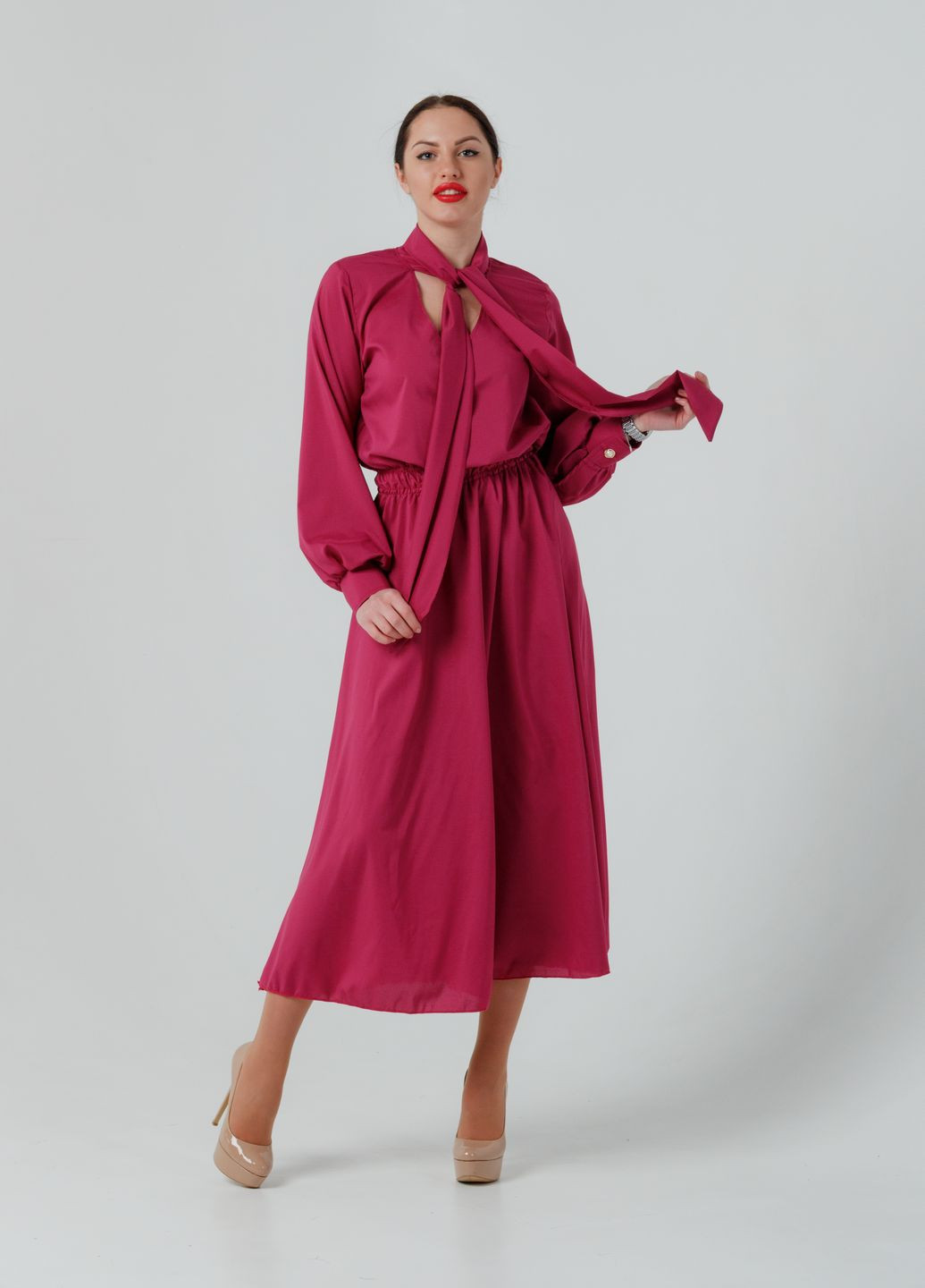 Темно-розовое кэжуал платье so-78307-pnk клеш Alpama однотонное