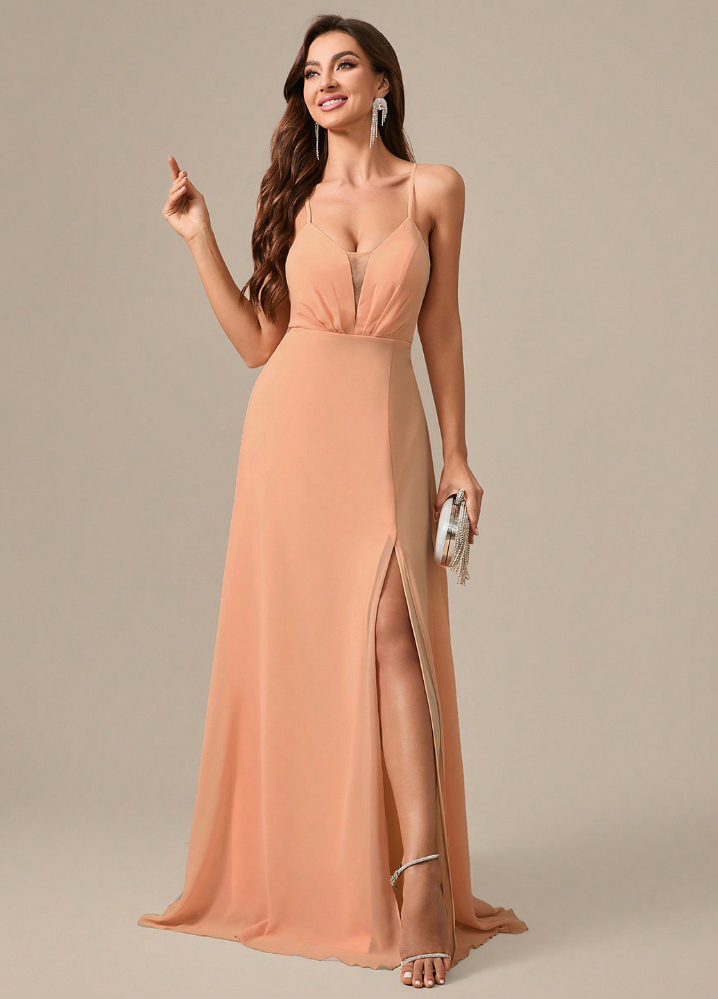 Персиковое вечернее, праздничный платье в греческом стиле, с открытой спиной, с открытыми плечами SHEIN однотонное