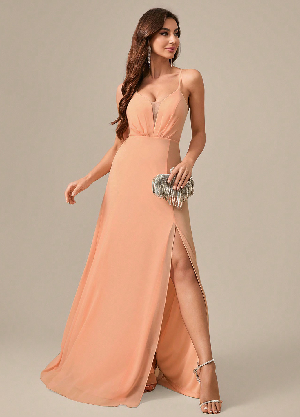 Персиковое вечернее, праздничный платье в греческом стиле, с открытой спиной, с открытыми плечами SHEIN однотонное