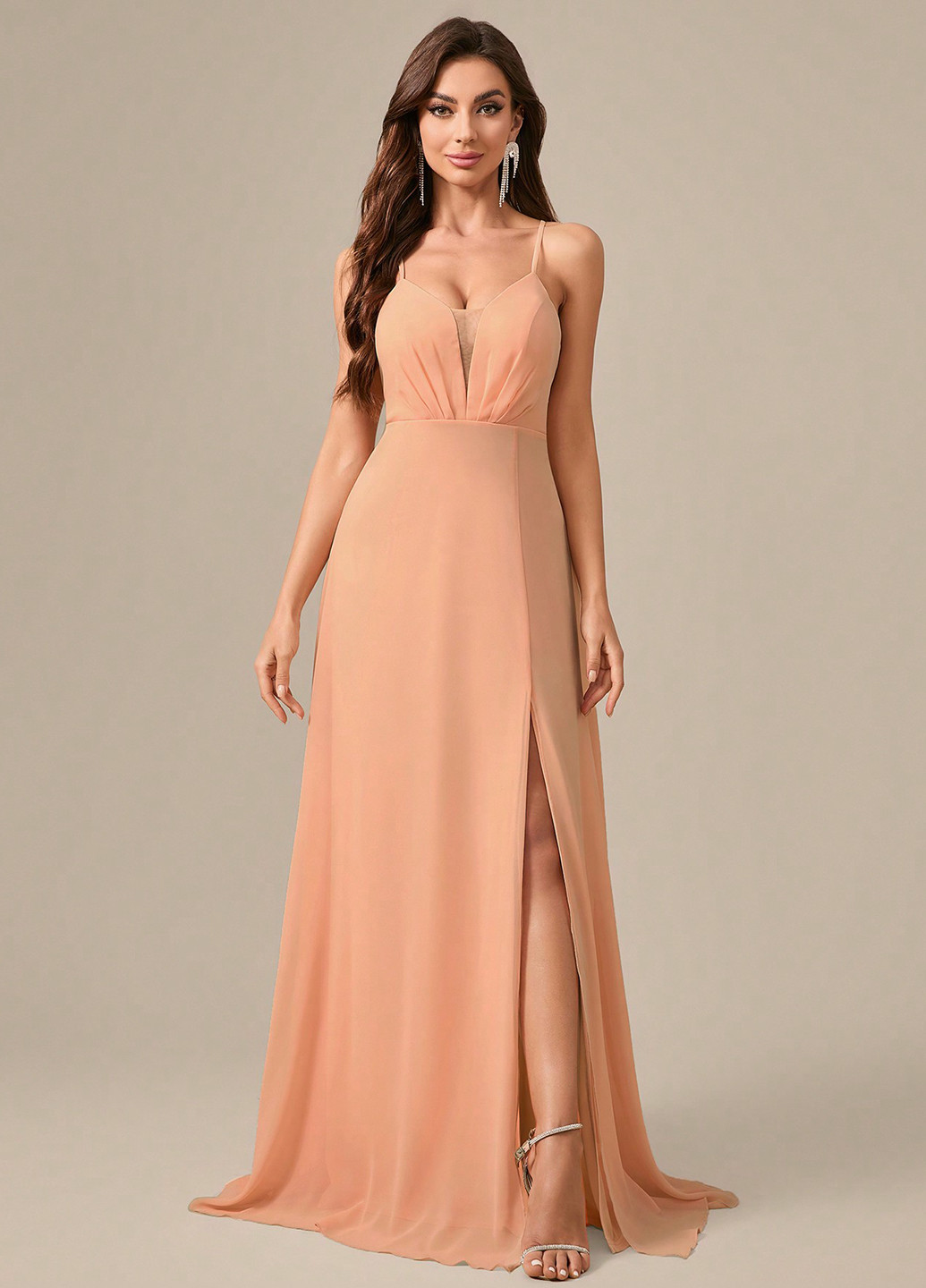 Персиковое вечернее, праздничный платье в греческом стиле, с открытой спиной, с открытыми плечами SHEIN однотонное