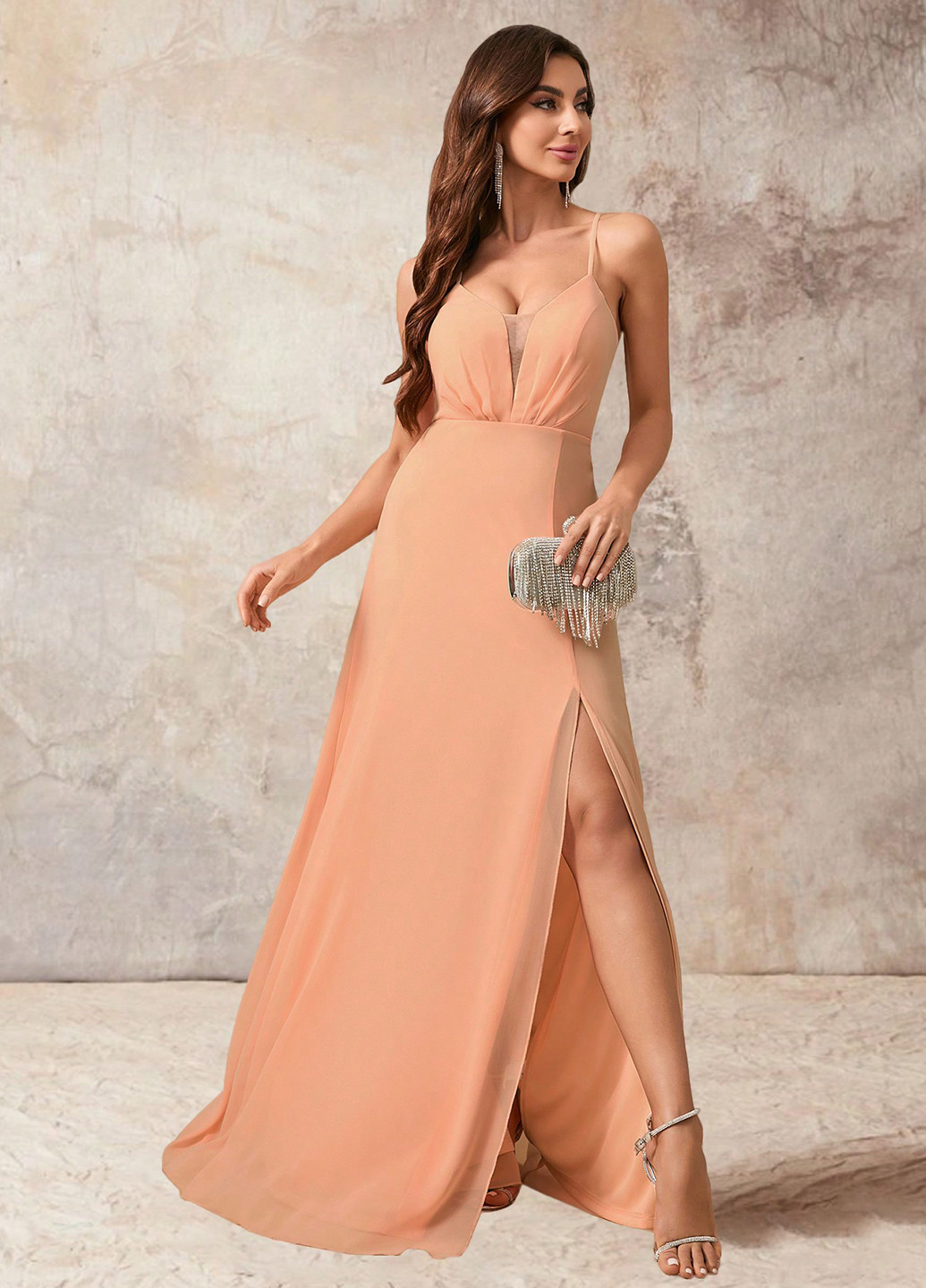Персиковое вечернее, праздничный платье в греческом стиле, с открытой спиной, с открытыми плечами SHEIN однотонное