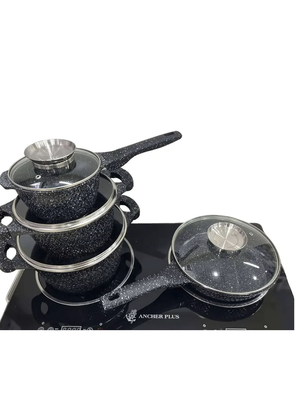 Набор кастрюль и сковорода с гранитным антипригарным покрытием Higher Kitchen HK-315 7 предметов Good Idea однотонные чёрные алюминий литой