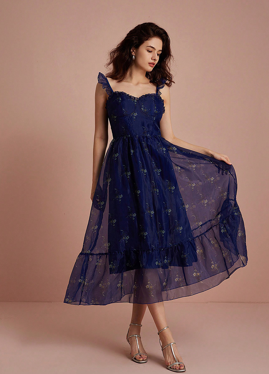 Темно-синее праздничный, коктейльное платье клеш SHEIN с цветочным принтом