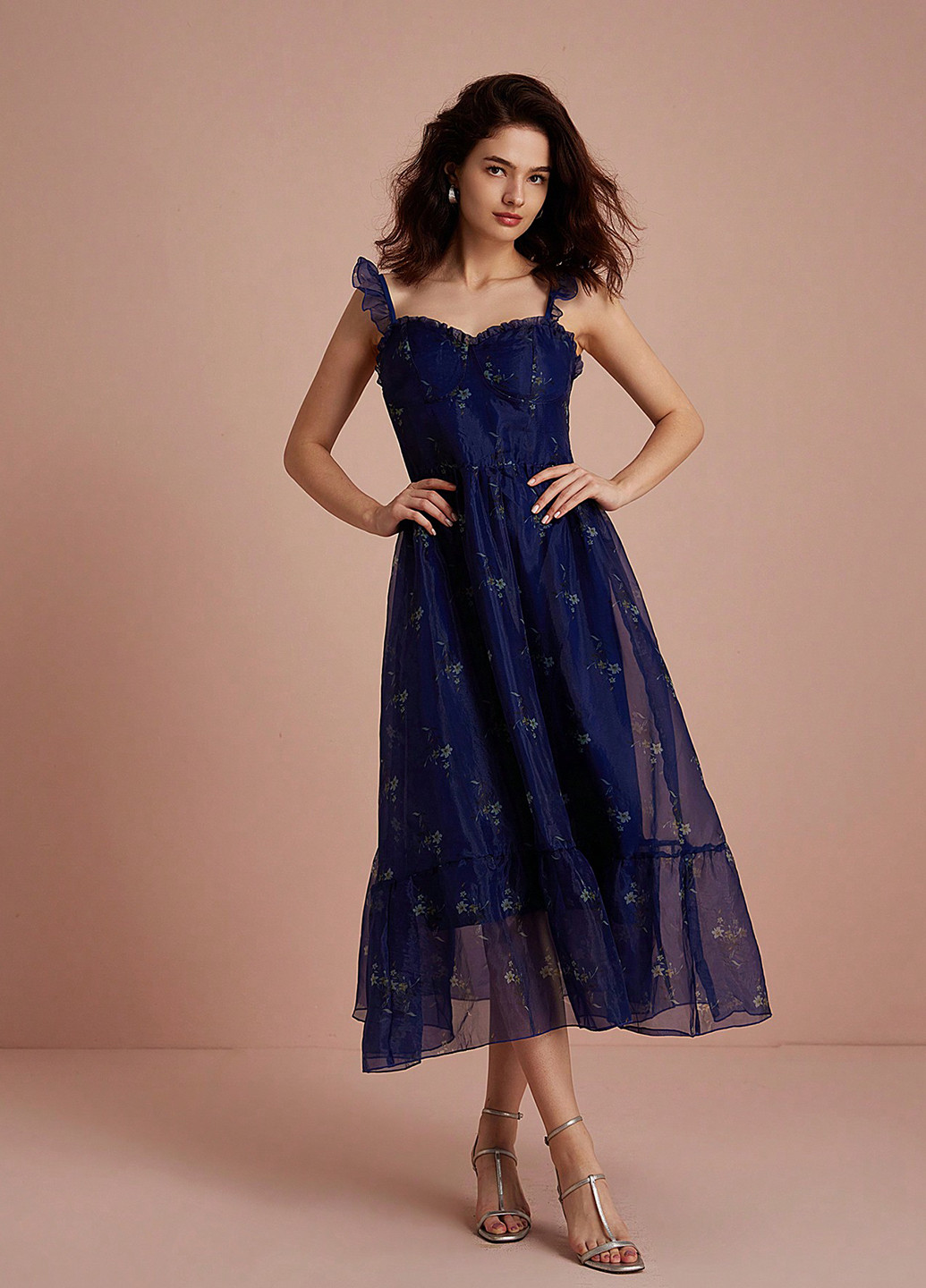 Темно-синее праздничный, коктейльное платье клеш SHEIN с цветочным принтом