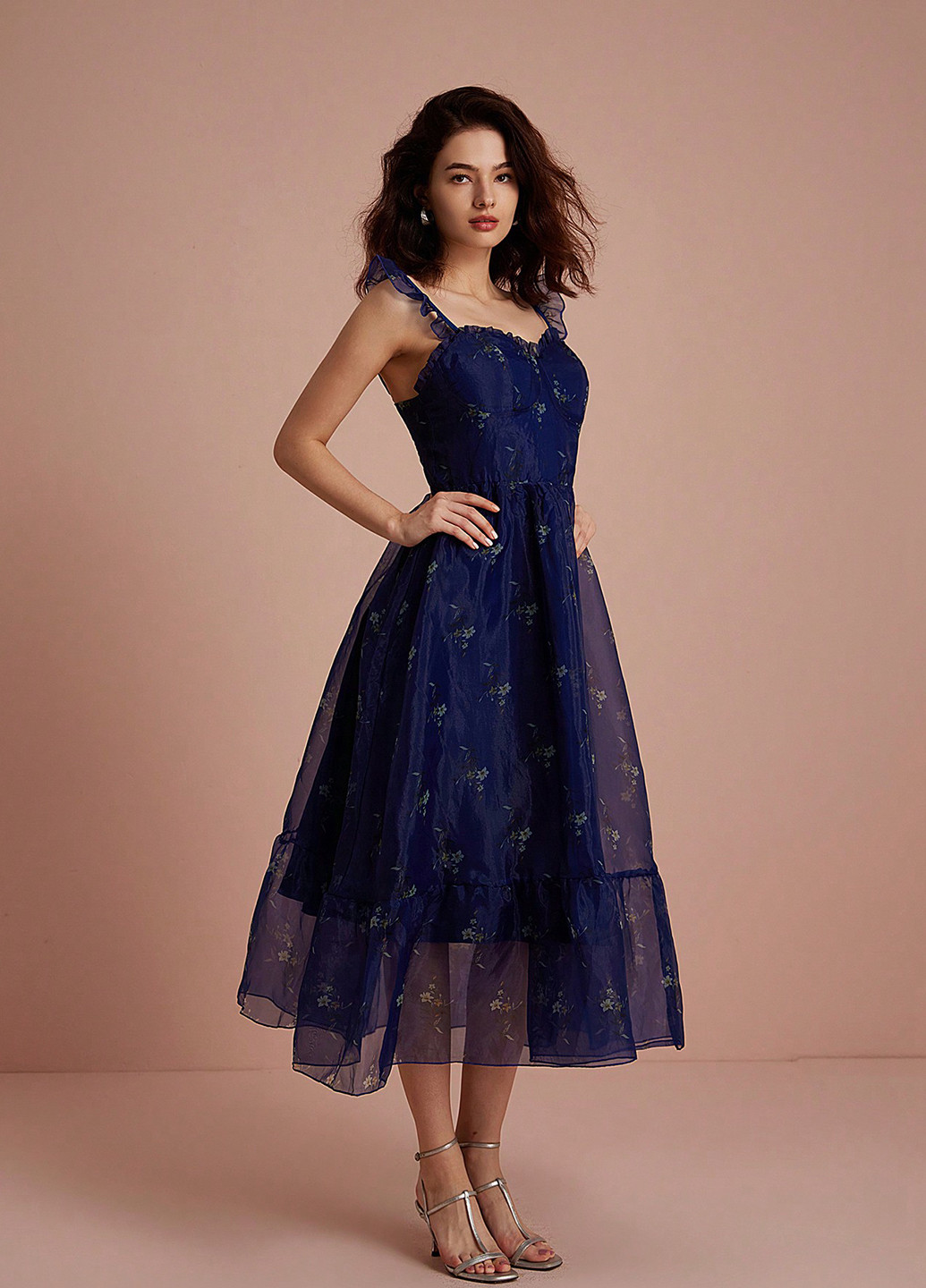 Темно-синее праздничный, коктейльное платье клеш SHEIN с цветочным принтом