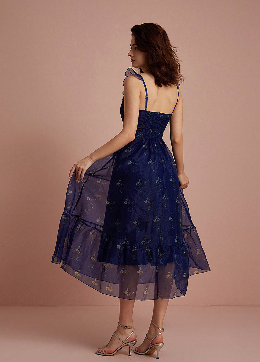 Темно-синее праздничный, коктейльное платье клеш SHEIN с цветочным принтом