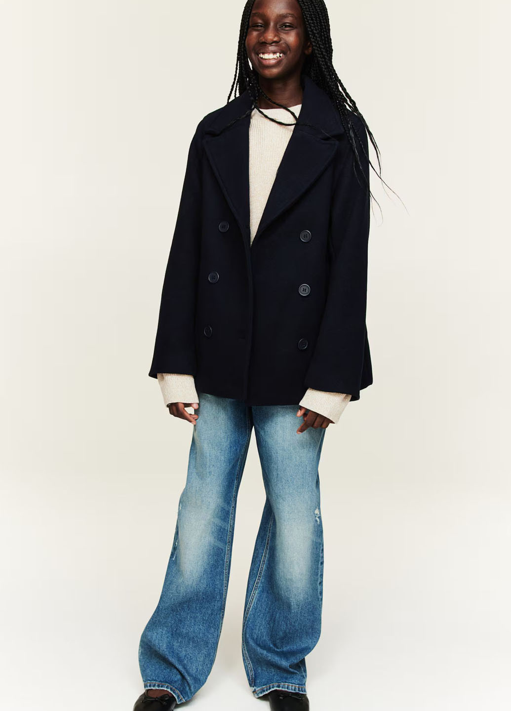 Темно-синее Кэжуал пальто двубортное H&M однотонное