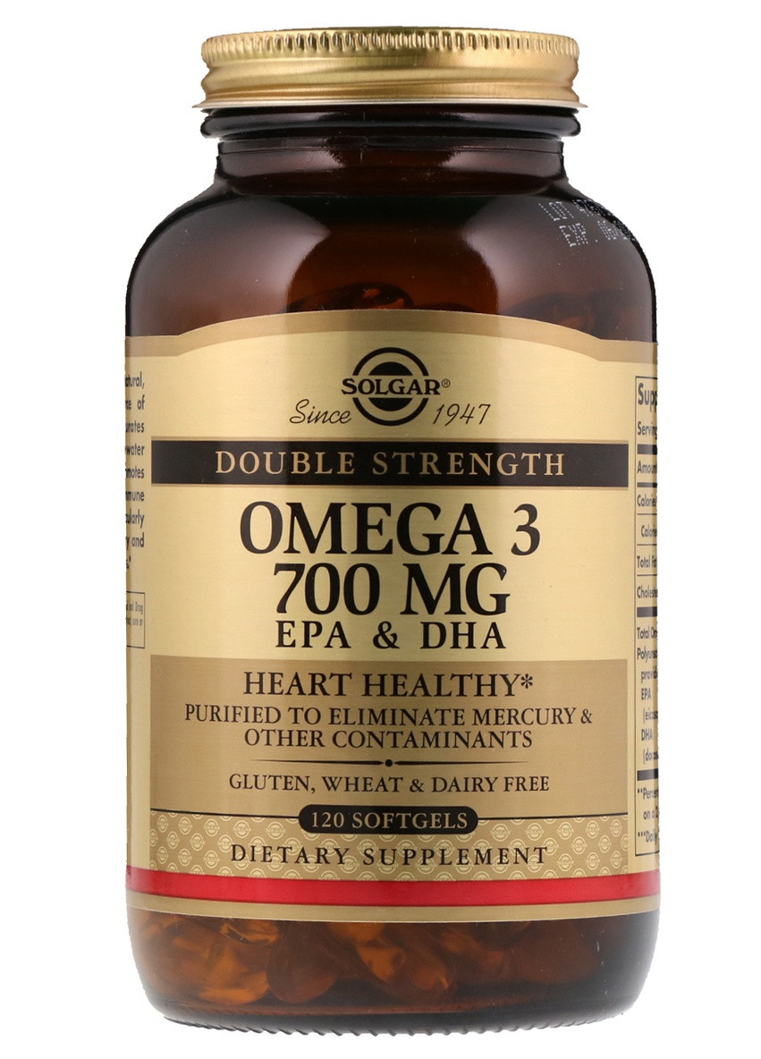 Омега-3, ЭПК и ДГК, Triple Strength, 700 мг,, 120 желатиновых капсул Solgar (225714602)
