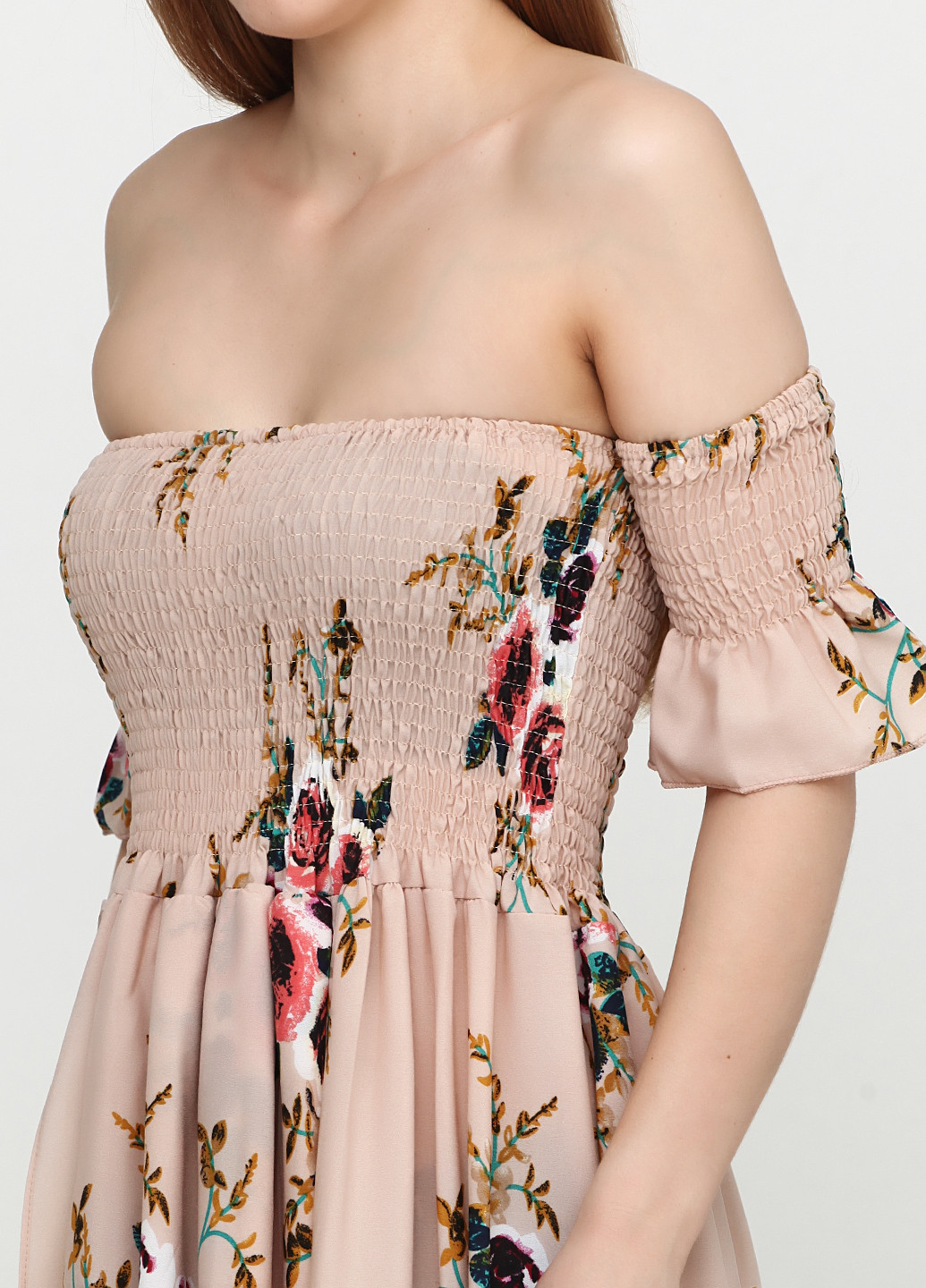 Бежевое кэжуал платье с открытыми плечами MS с цветочным принтом