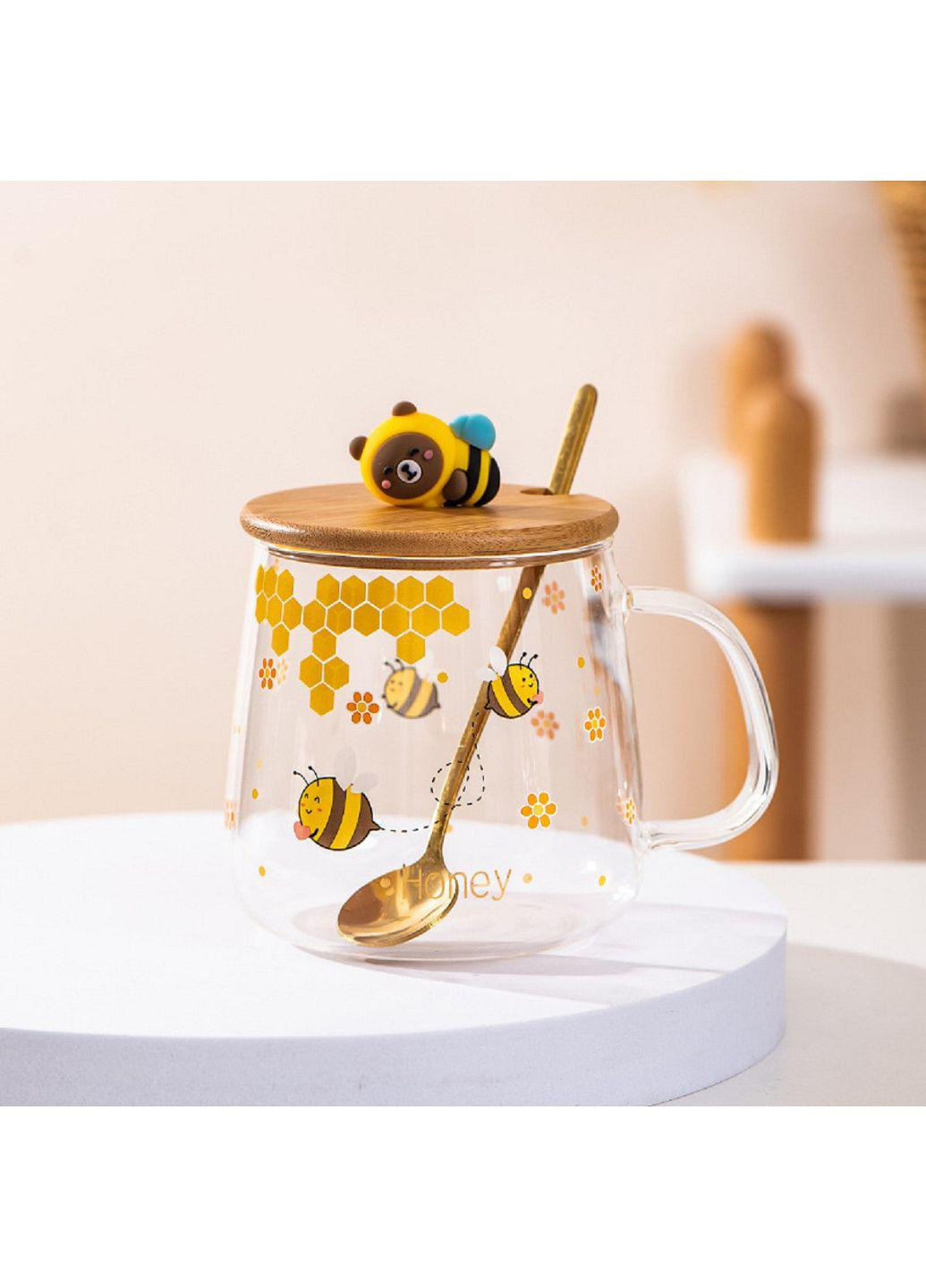 Прозора чашка з кришкою та ложкою "Бджілка" 380 мл (66-6336) No Brand комбінована