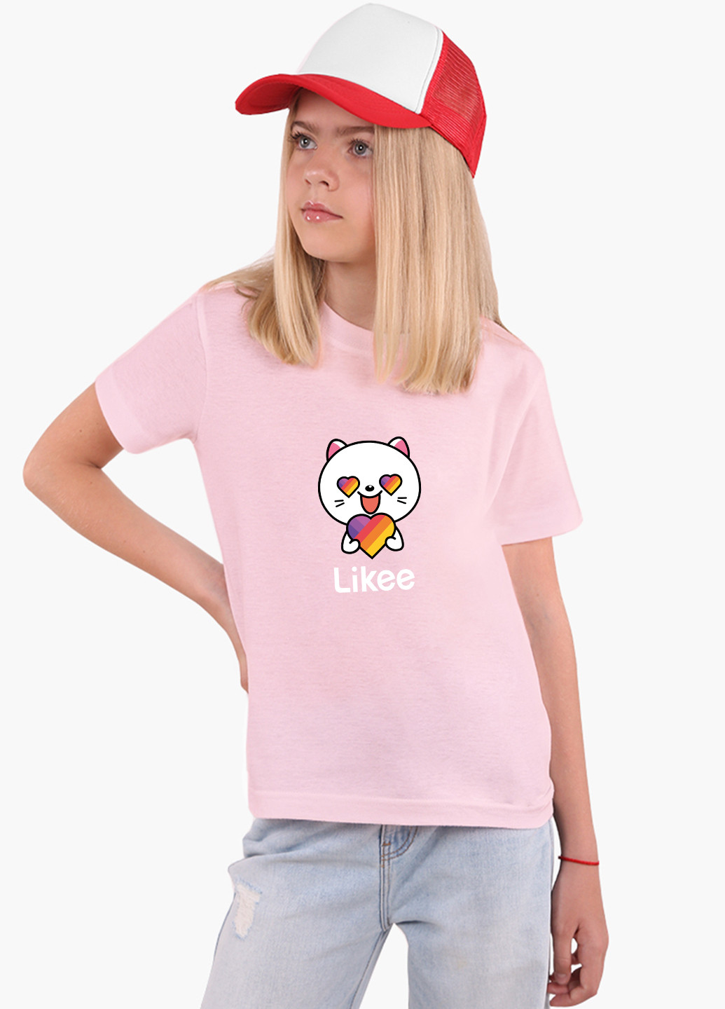 Рожева демісезонна футболка дитяча лайк котик (likee cat) (9224-1036) MobiPrint