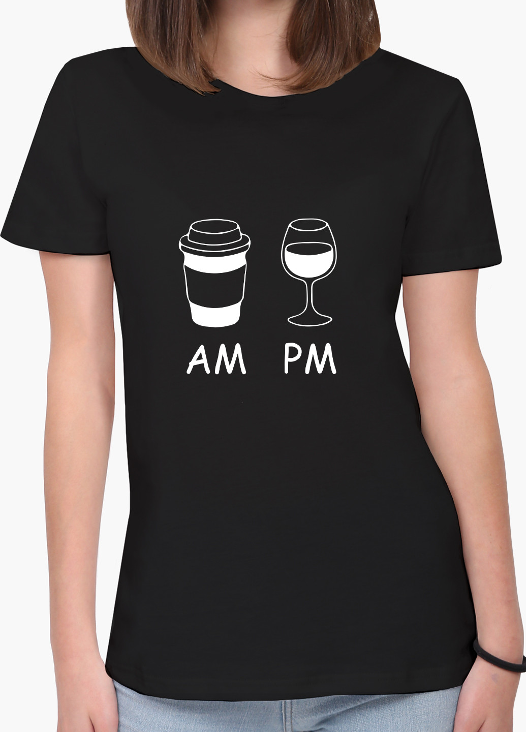 Черная демисезон футболка женская кофе утром вино ночью am/pm (coffee in the morning wine at night) (8976-1640) xxl MobiPrint