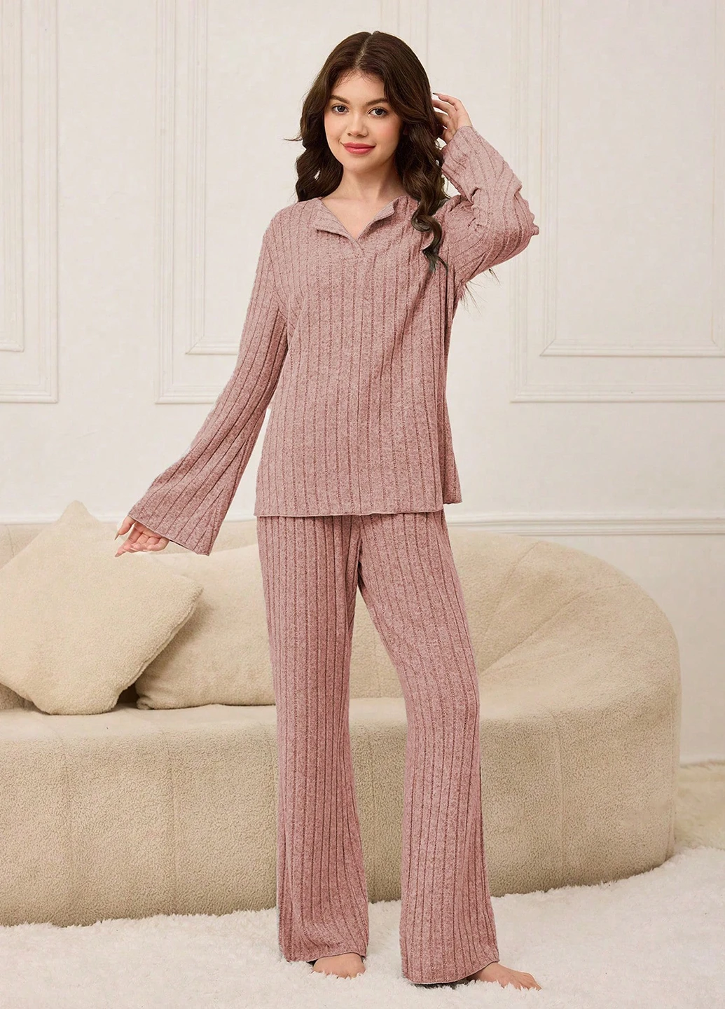 Коралловая всесезон пижама (лонгслив, брюки) лонгслив + брюки SHEIN