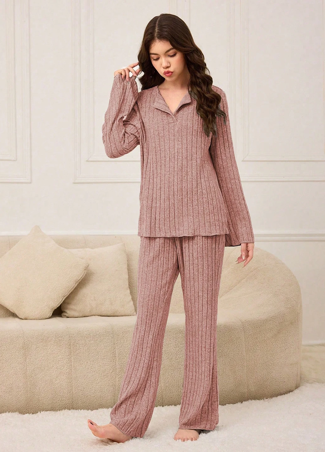 Коралловая всесезон пижама (лонгслив, брюки) лонгслив + брюки SHEIN
