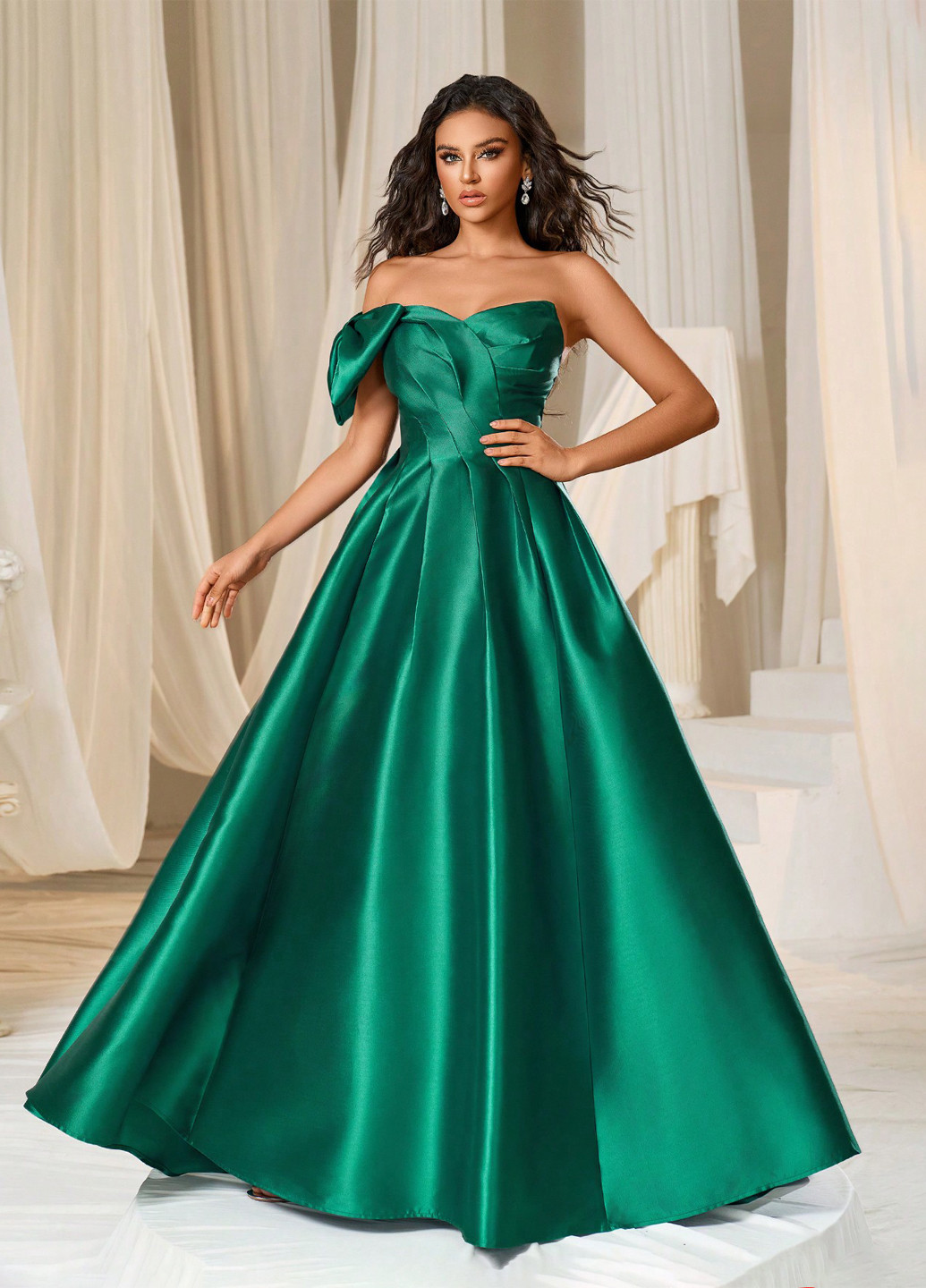 Темно-зелена святковий, вечірня сукня кльош, на одне плече SHEIN однотонна