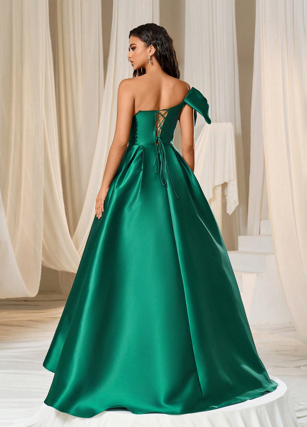 Темно-зелена святковий, вечірня сукня кльош, на одне плече SHEIN однотонна