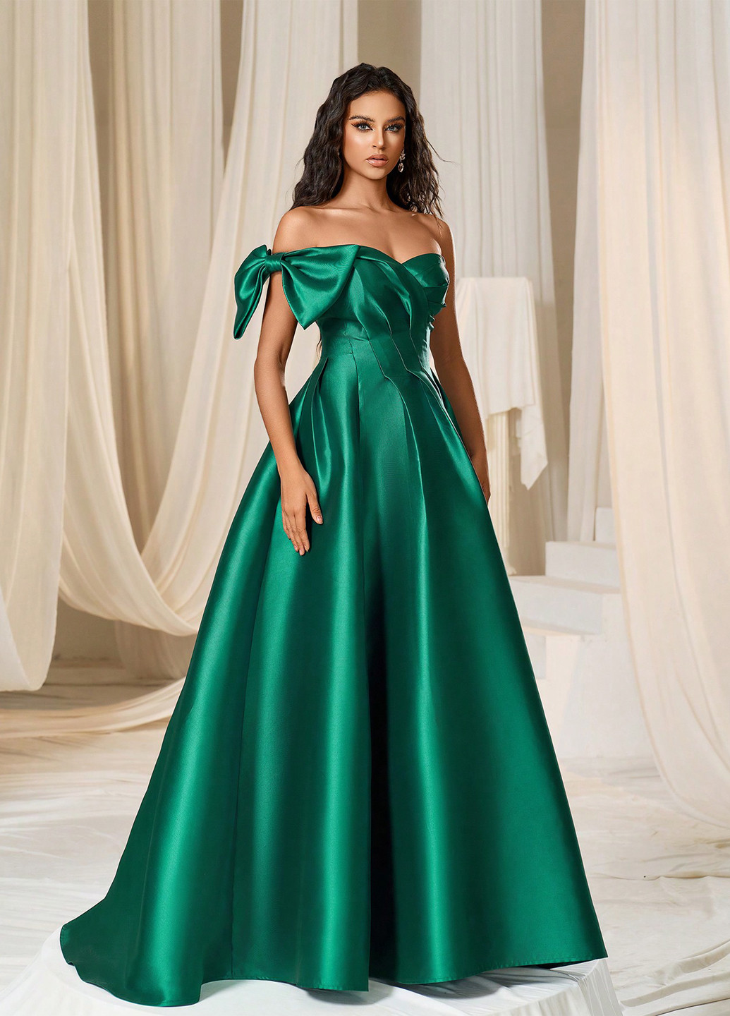 Темно-зелена святковий, вечірня сукня кльош, на одне плече SHEIN однотонна