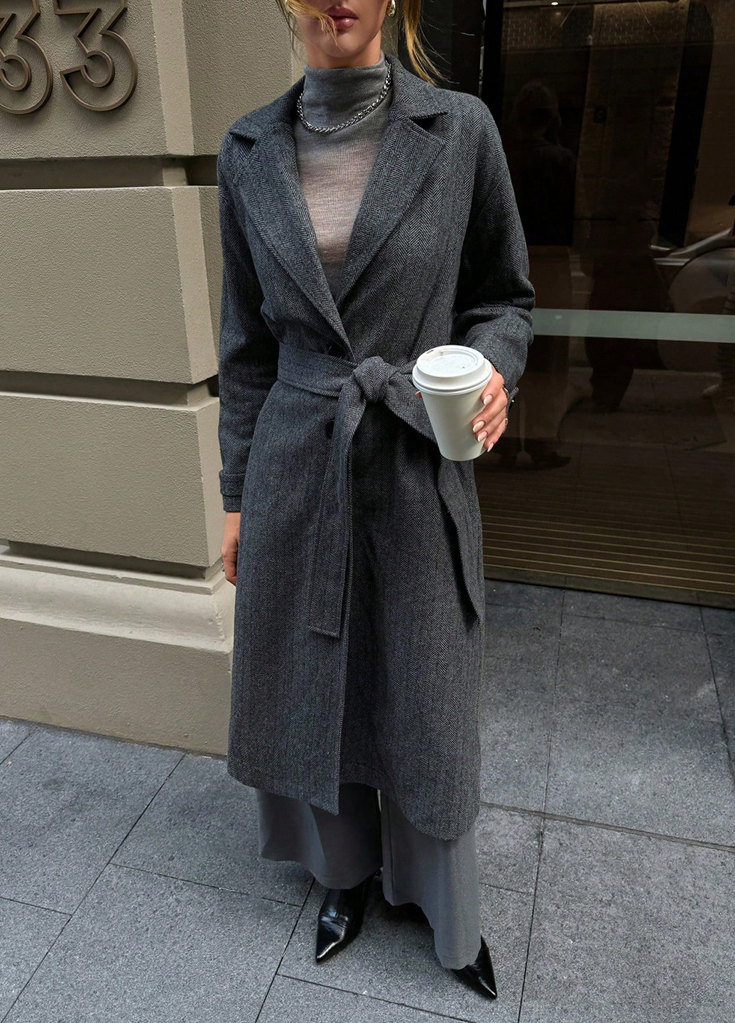 Темно-серое демисезонное Пальто однобортное SHEIN