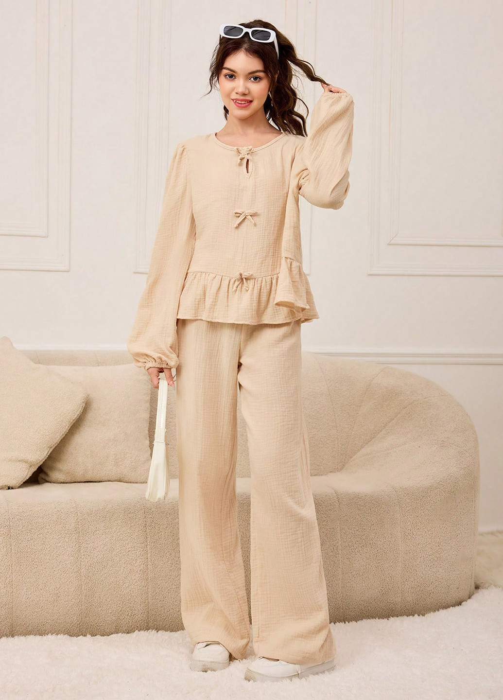 Кремовый демисезонный костюм (блуза, брюки) брючный SHEIN