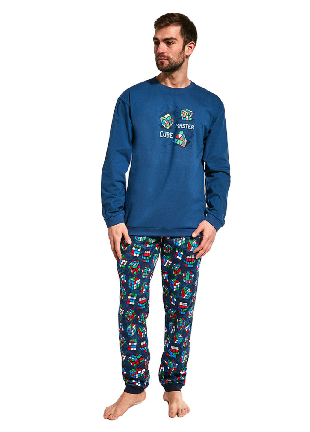 Пижама (свитшот, брюки) Cornette свитшот + брюки рисунок синяя домашняя хлопок, трикотаж