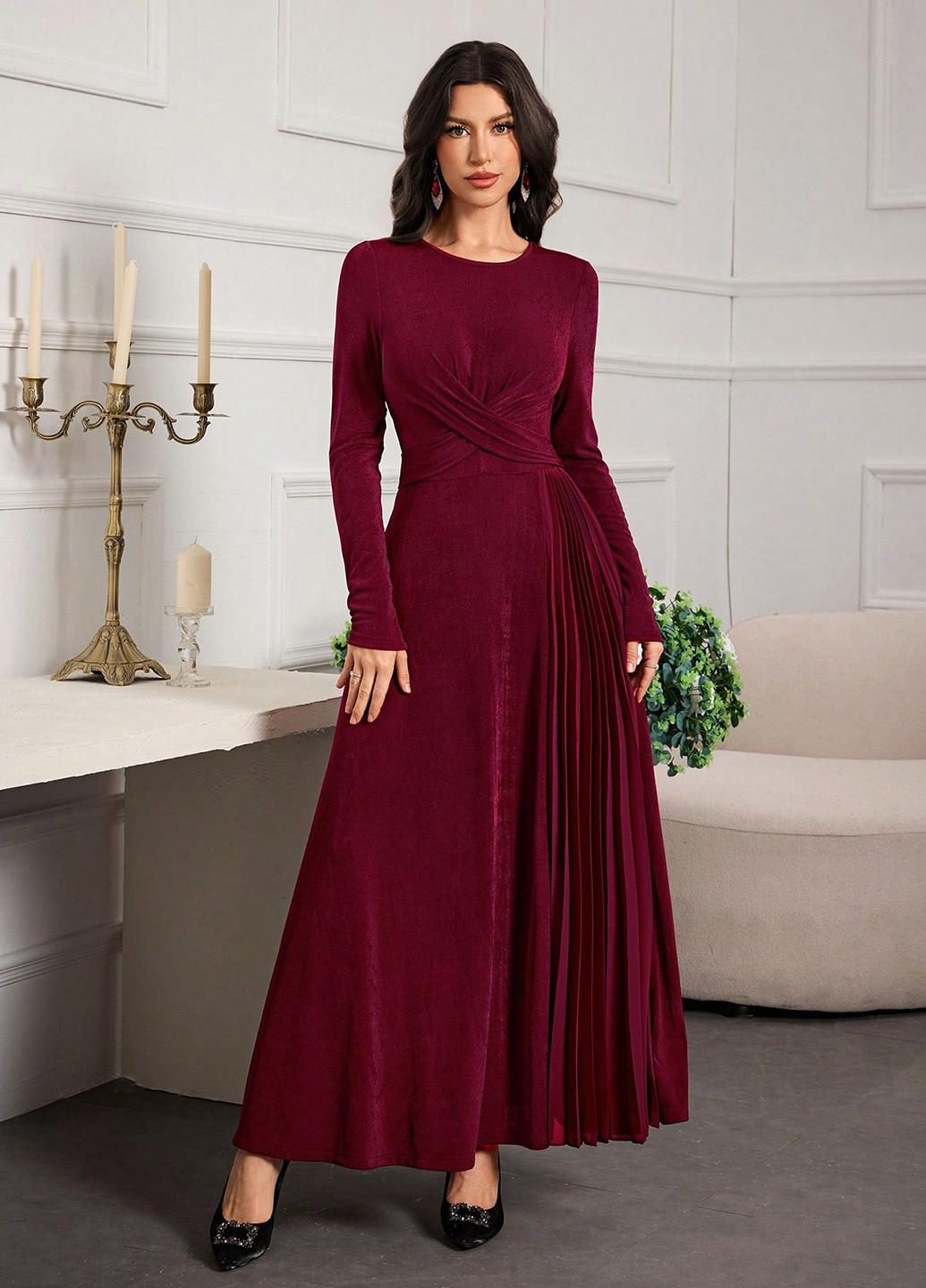 Бордовое праздничный, вечернее платье клеш SHEIN однотонное