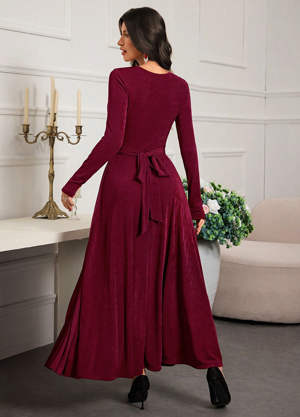 Бордовое праздничный, вечернее платье клеш SHEIN однотонное