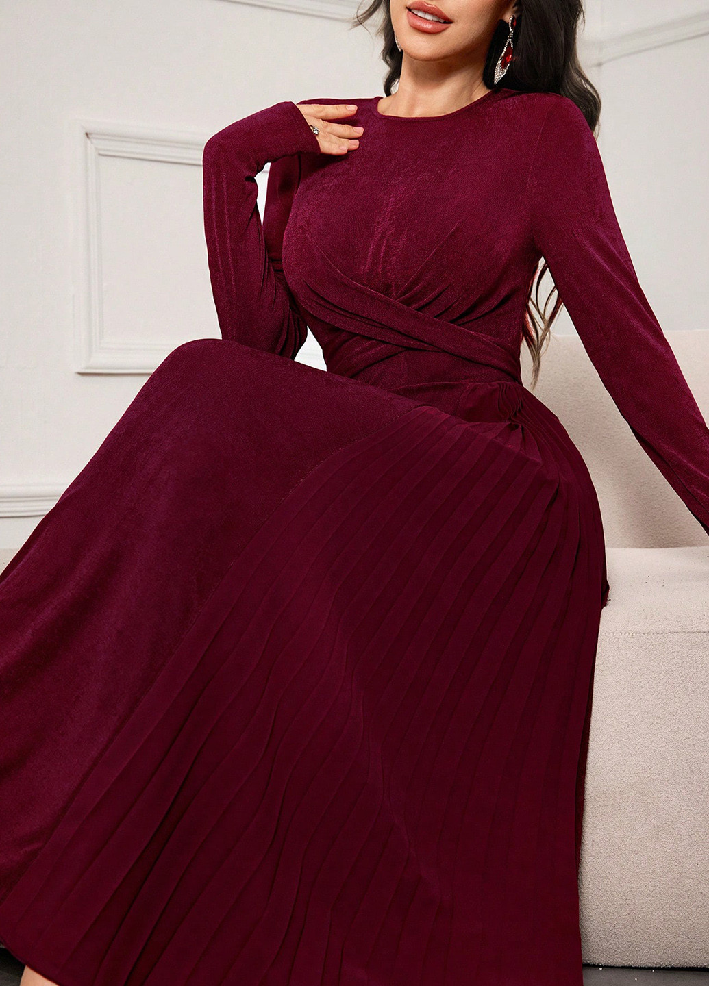 Бордовое праздничный, вечернее платье клеш SHEIN однотонное