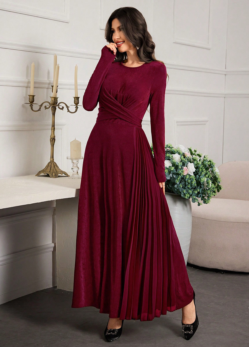 Бордовое праздничный, вечернее платье клеш SHEIN однотонное