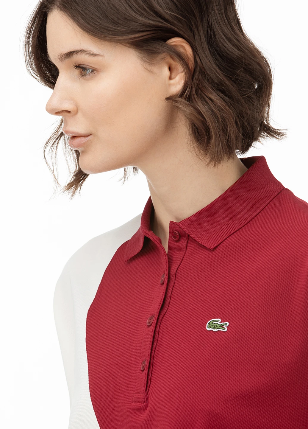 Темно-красная женская футболка-поло Lacoste с геометрическим узором