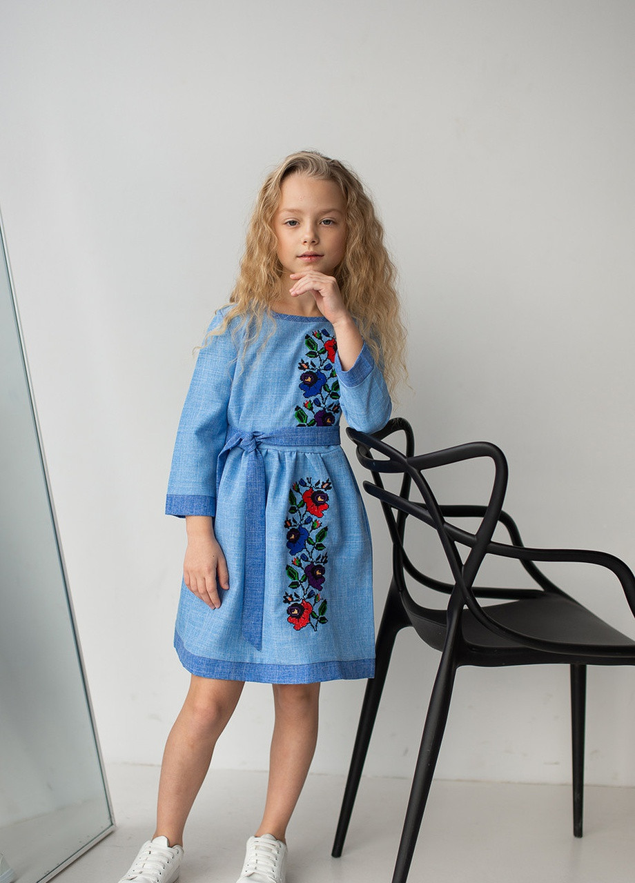 Вишита сукня для дівчинки "Мальва" MEREZHKA украинская символика голубая кэжуал габардин