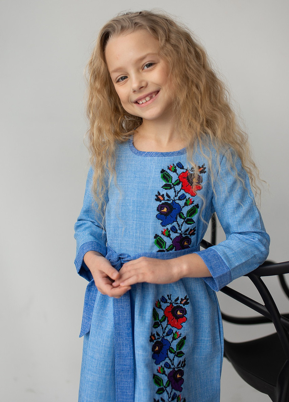 Вишита сукня для дівчинки "Мальва" MEREZHKA украинская символика голубая кэжуал габардин