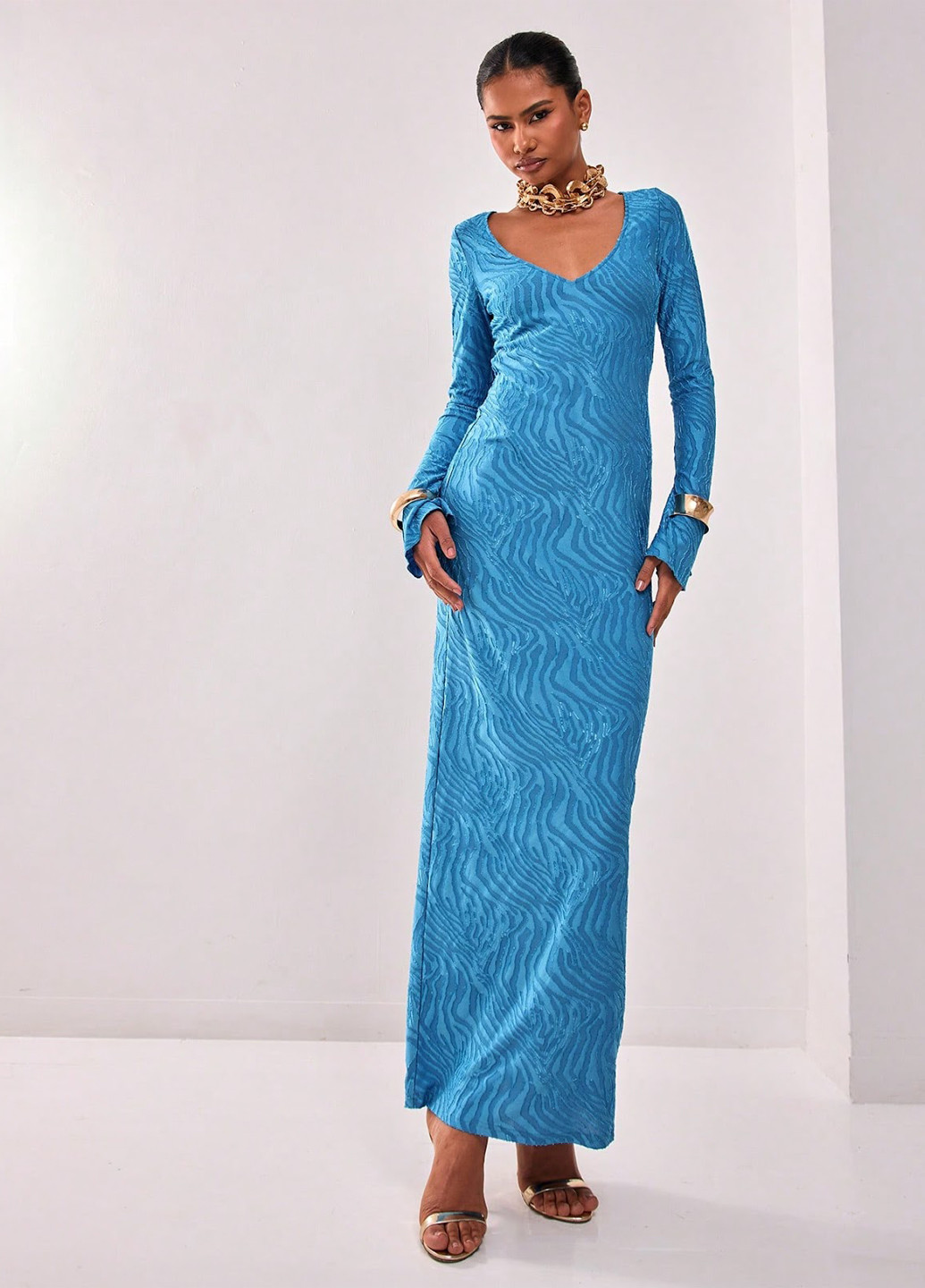 Блакитна вечірня сукня силуетна, з відкритою спиною SHEIN з абстрактним візерунком