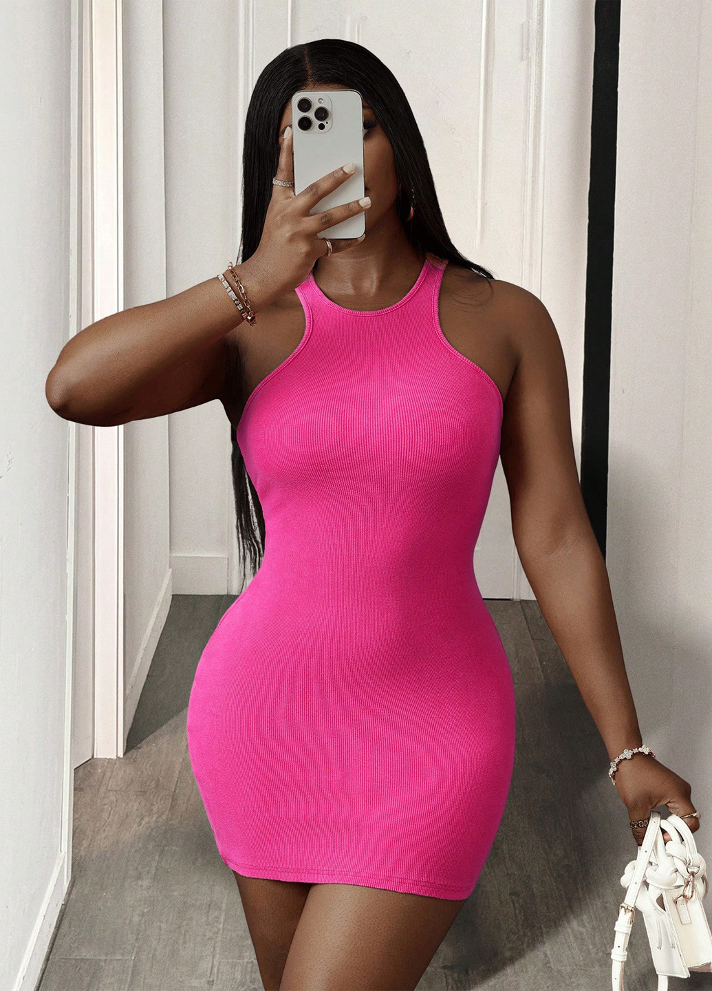 Фуксиновое (цвета Фуксия) кэжуал платье силуэтная SHEIN однотонное