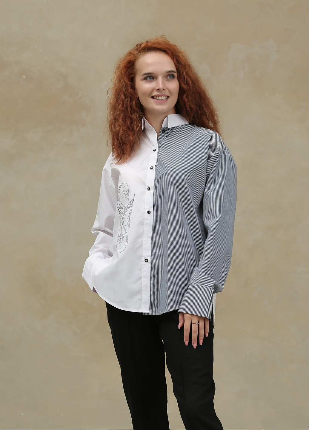 Темно-синя демісезонна ультра модна сорочка з двох типів тканини INNOE Блуза