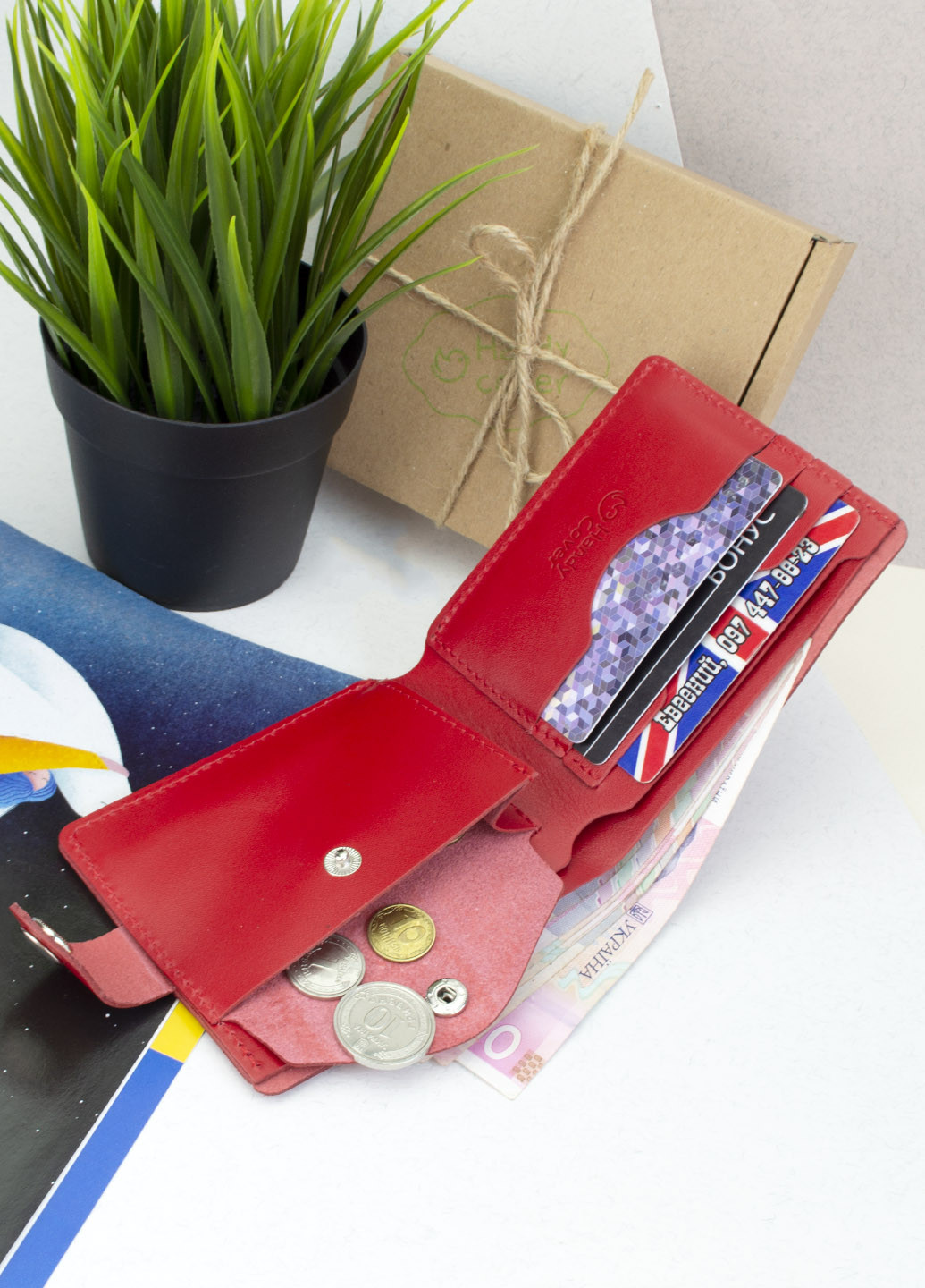 Подарунковий жіночий набір №56 "Тризуб": обкладинка на паспорт + портмоне (червоний) HandyCover (254439008)