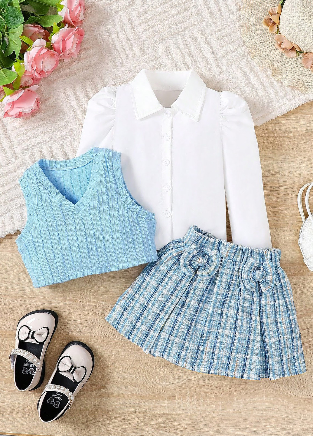 Светло-синий демисезонный костюм (рубашка, жилет, юбка) юбочный, тройка, с рубашкой SHEIN