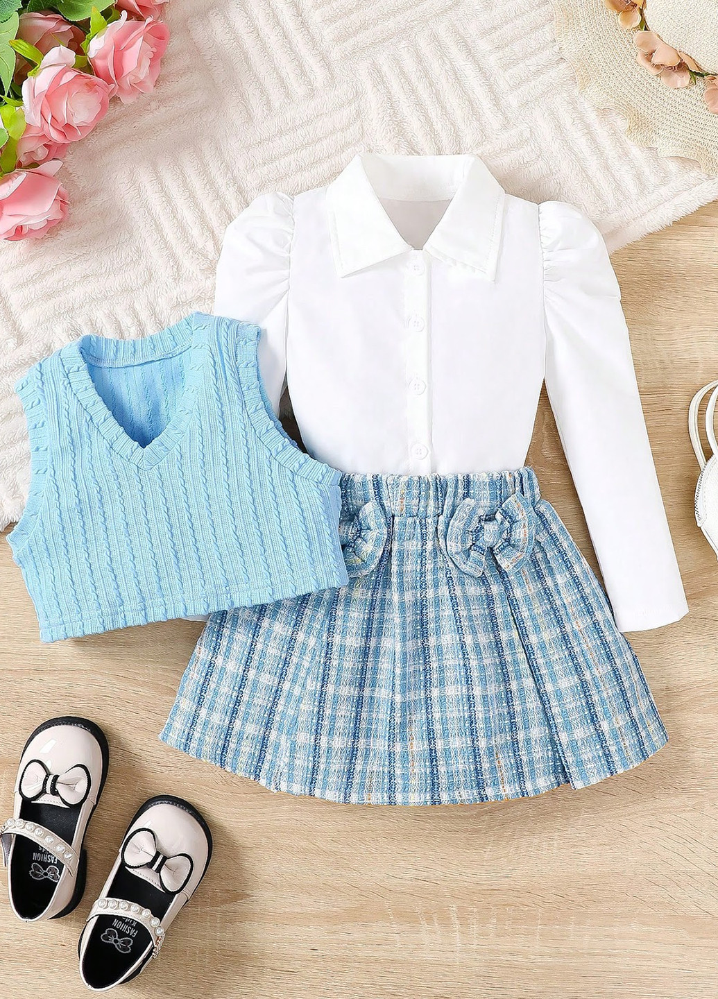 Светло-синий демисезонный костюм (рубашка, жилет, юбка) юбочный, тройка, с рубашкой SHEIN