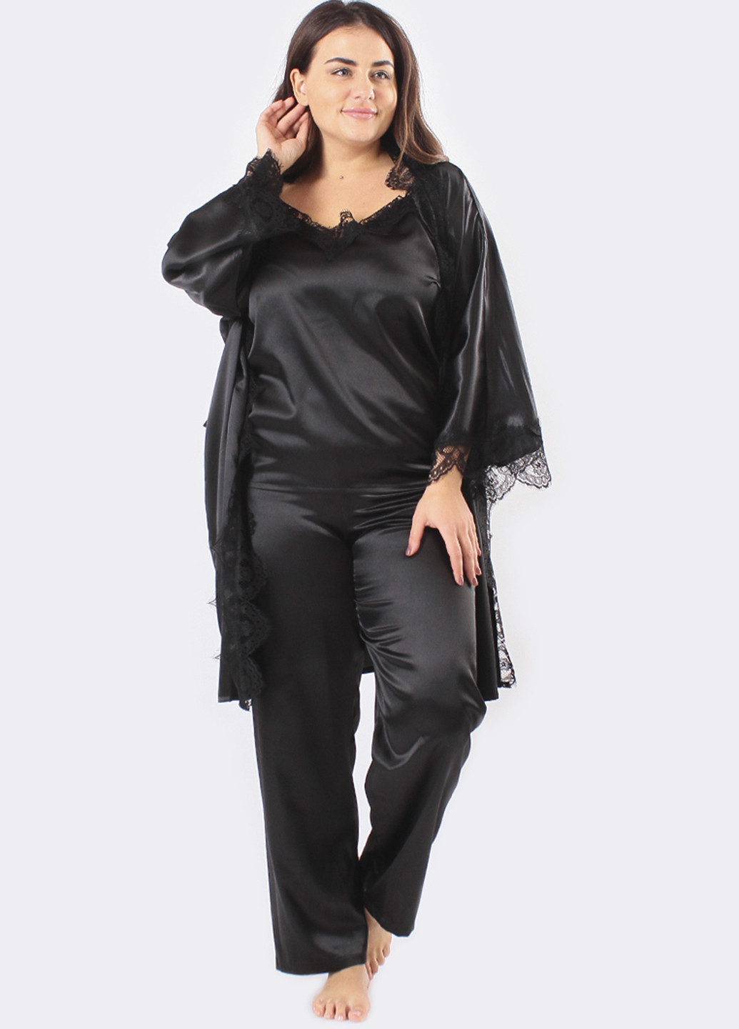 Черный демисезонный комплект (топ, брюки, халат) Ghazel