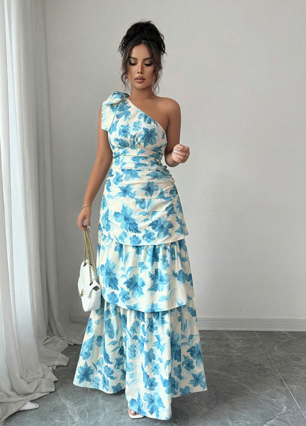 Кремовое праздничный, кэжуал платье на одно плечо SHEIN с цветочным принтом