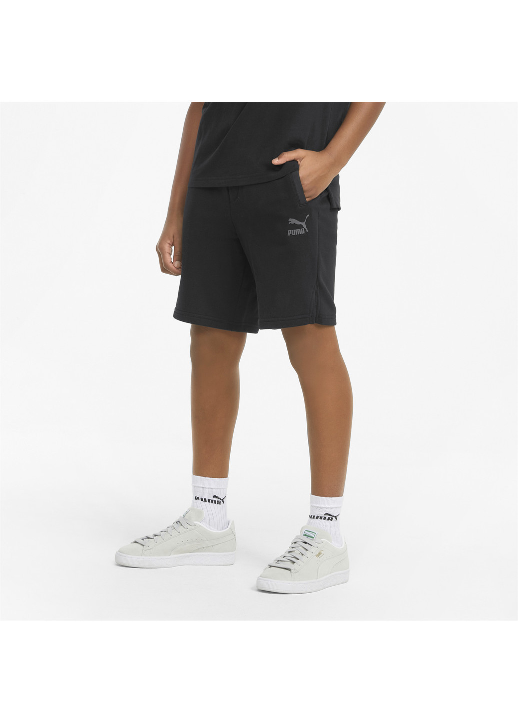 Детские шорты MATCHERS Youth Shorts Puma однотонные чёрные спортивные хлопок, нейлон, полиэстер
