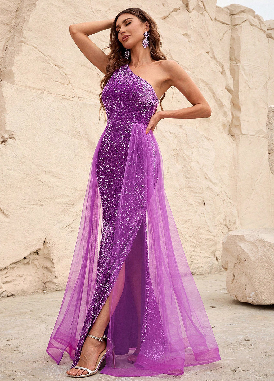 Светло-Фиолетовое вечернее платье годе, на одно плечо SHEIN однотонное