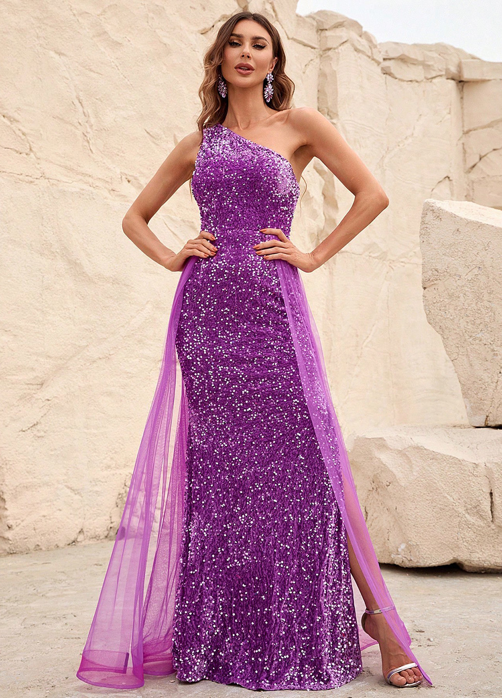 Светло-Фиолетовое вечернее платье годе, на одно плечо SHEIN однотонное