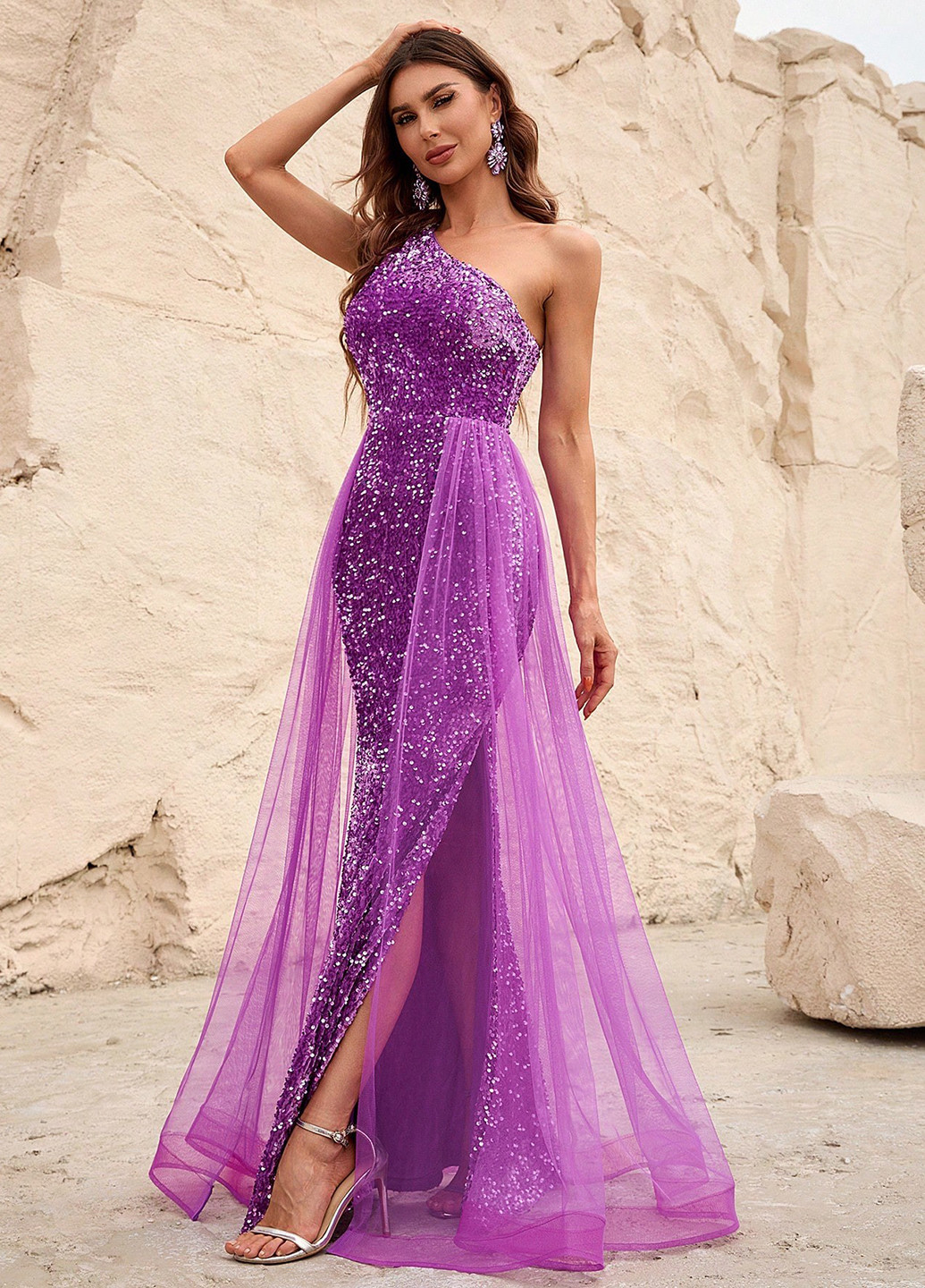 Светло-Фиолетовое вечернее платье годе, на одно плечо SHEIN однотонное