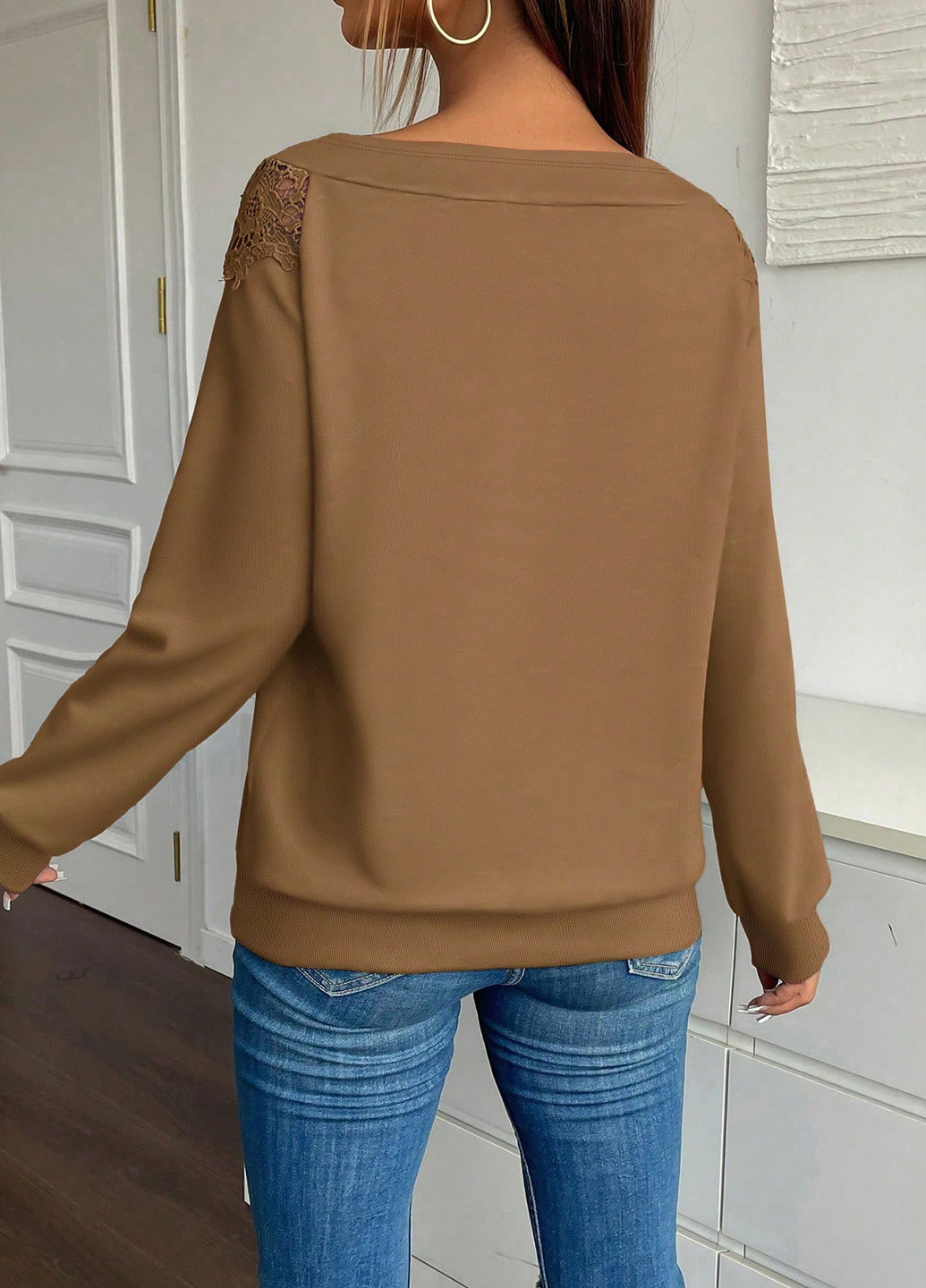 Темно-бежевый свитшот SHEIN однотонный кружево (367748014)