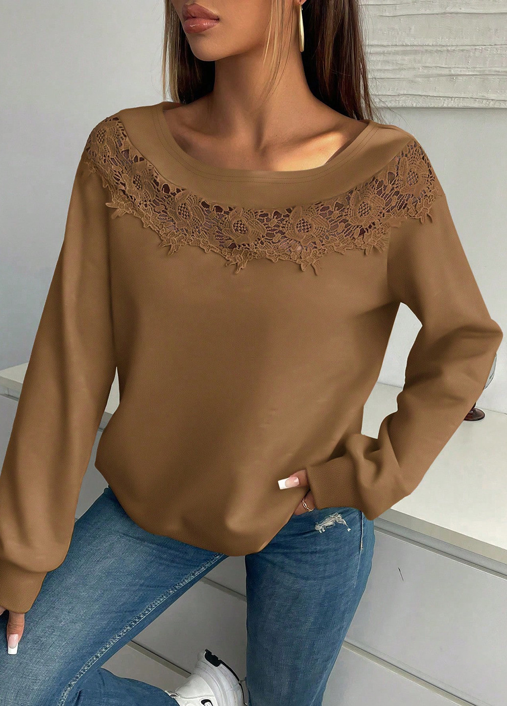 Темно-бежевый свитшот SHEIN однотонный кружево (367748014)